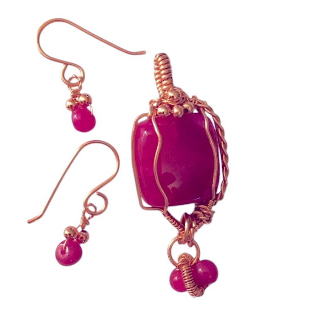 Pendant Genuine Ruby with Matching Ruby Earrings OOAK wrapped in Copper Handmade